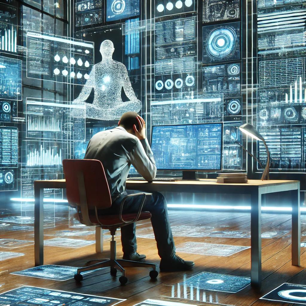 A futuristic office setting where an individual is